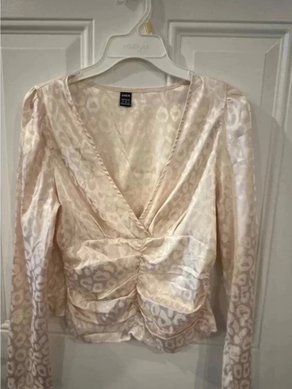 SHEIN Cream Satin Leopard-Print Wrap Blouse